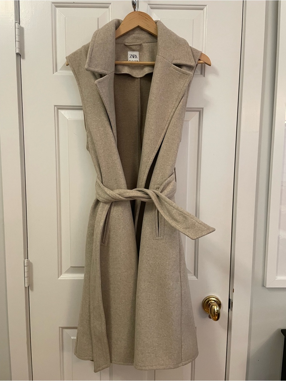 Zara Sleeveless Belted Long Vest in Light Beige